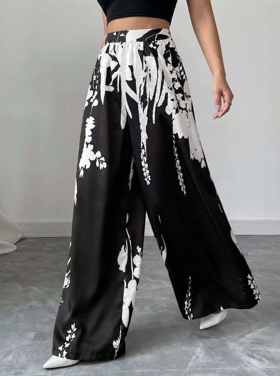 Ivy — Monochrome Floral Wide-Leg Trousers