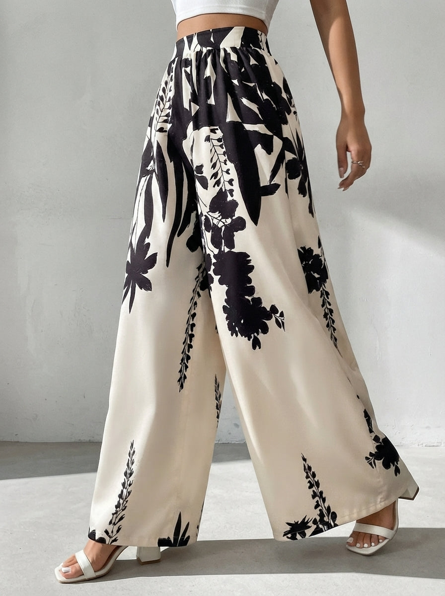 Ivy — Monochrome Floral Wide-Leg Trousers