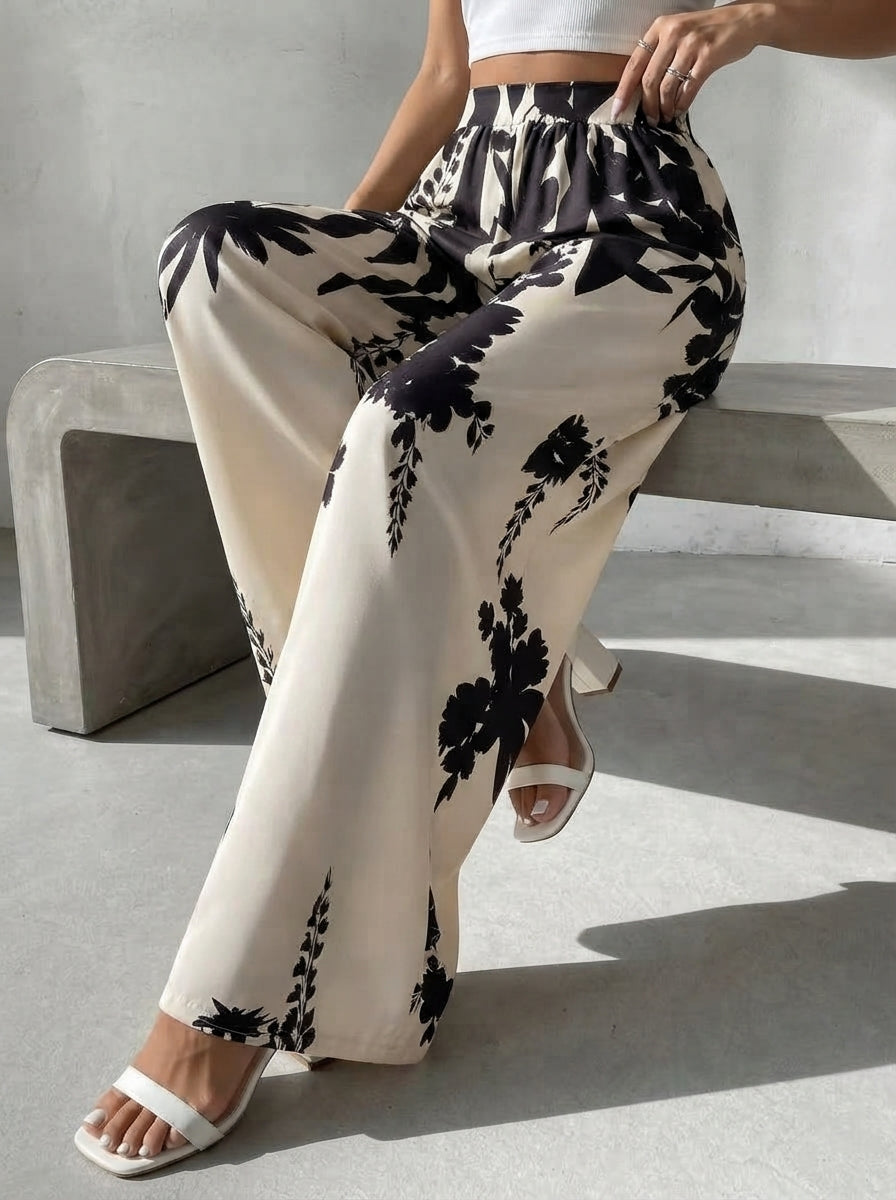 Ivy — Monochrome Floral Wide-Leg Trousers