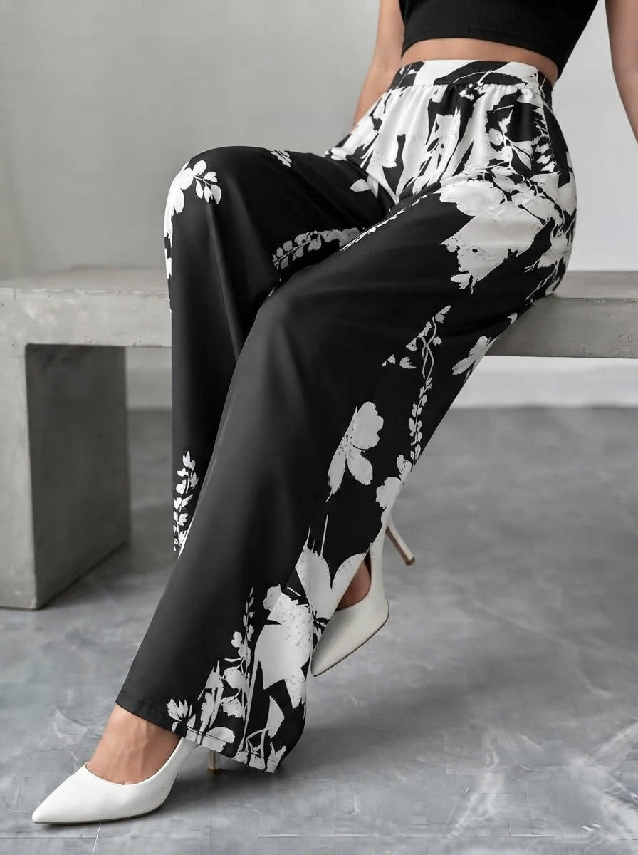 Ivy — Monochrome Floral Wide-Leg Trousers