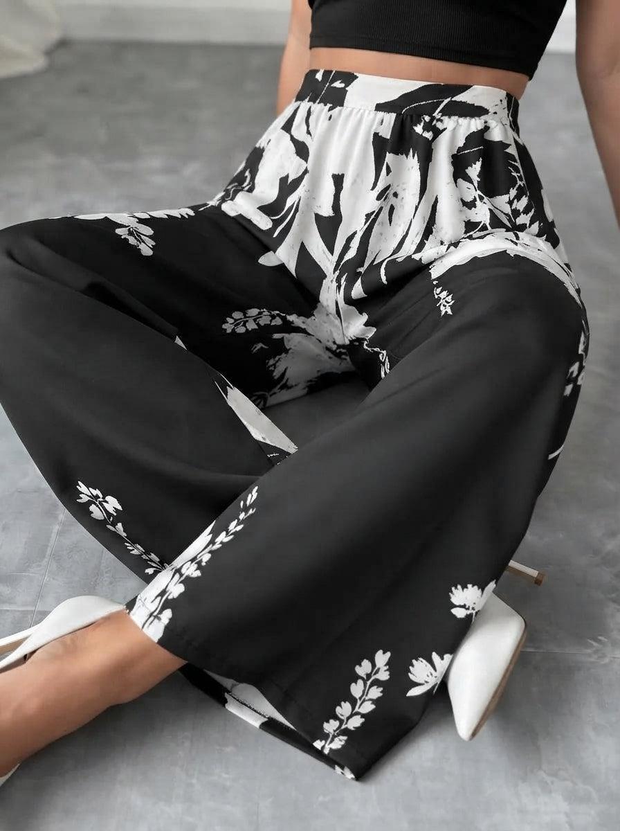 Ivy — Monochrome Floral Wide-Leg Trousers