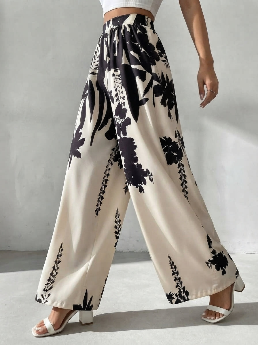 Ivy — Monochrome Floral Wide-Leg Trousers