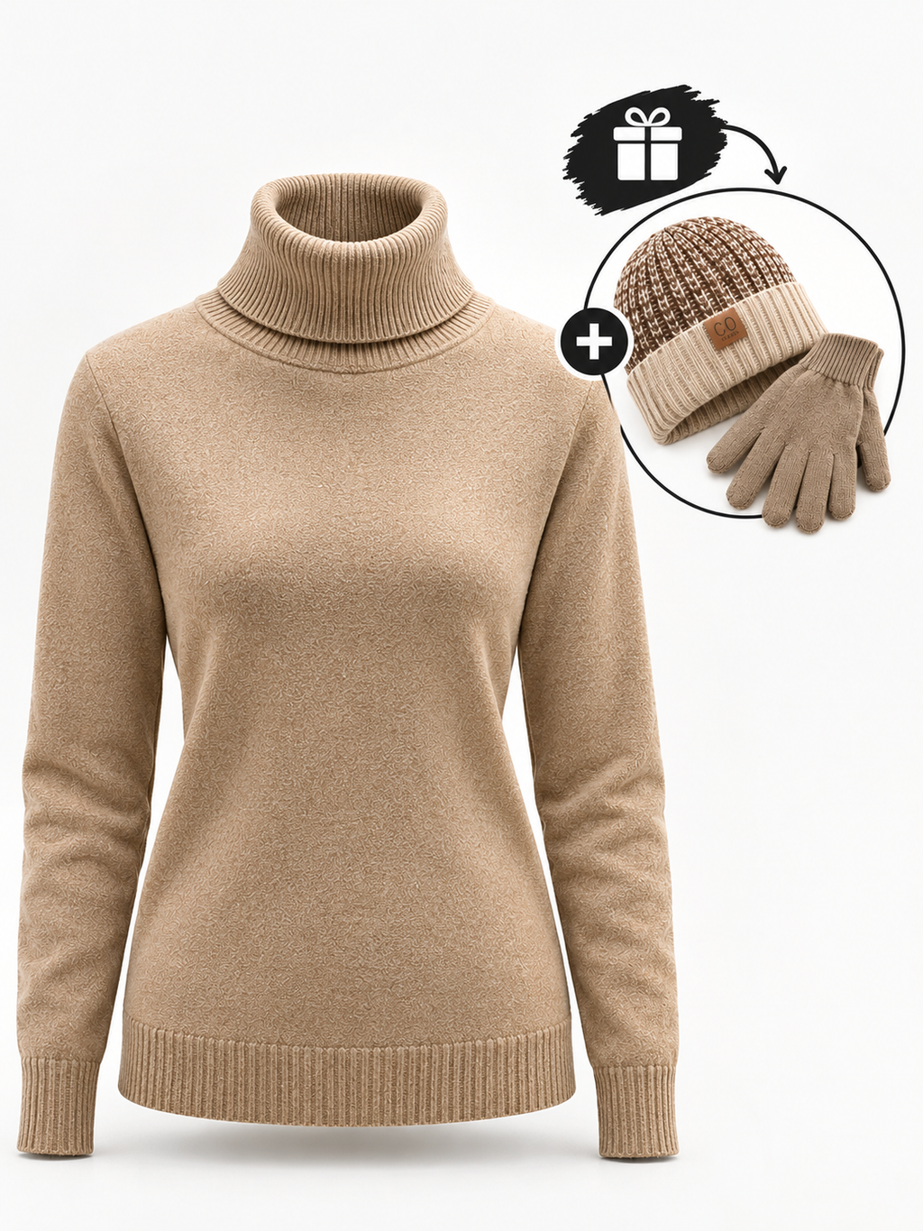 Belvane — Fleece-Lined Turtleneck Jumper with Free Matching Lined Beanie and Gloves