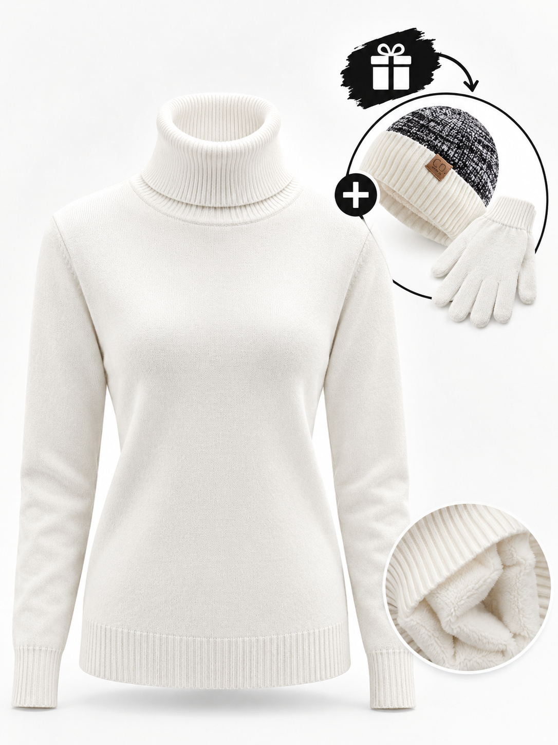 Belvane — Fleece-Lined Turtleneck Jumper with Free Matching Lined Beanie and Gloves