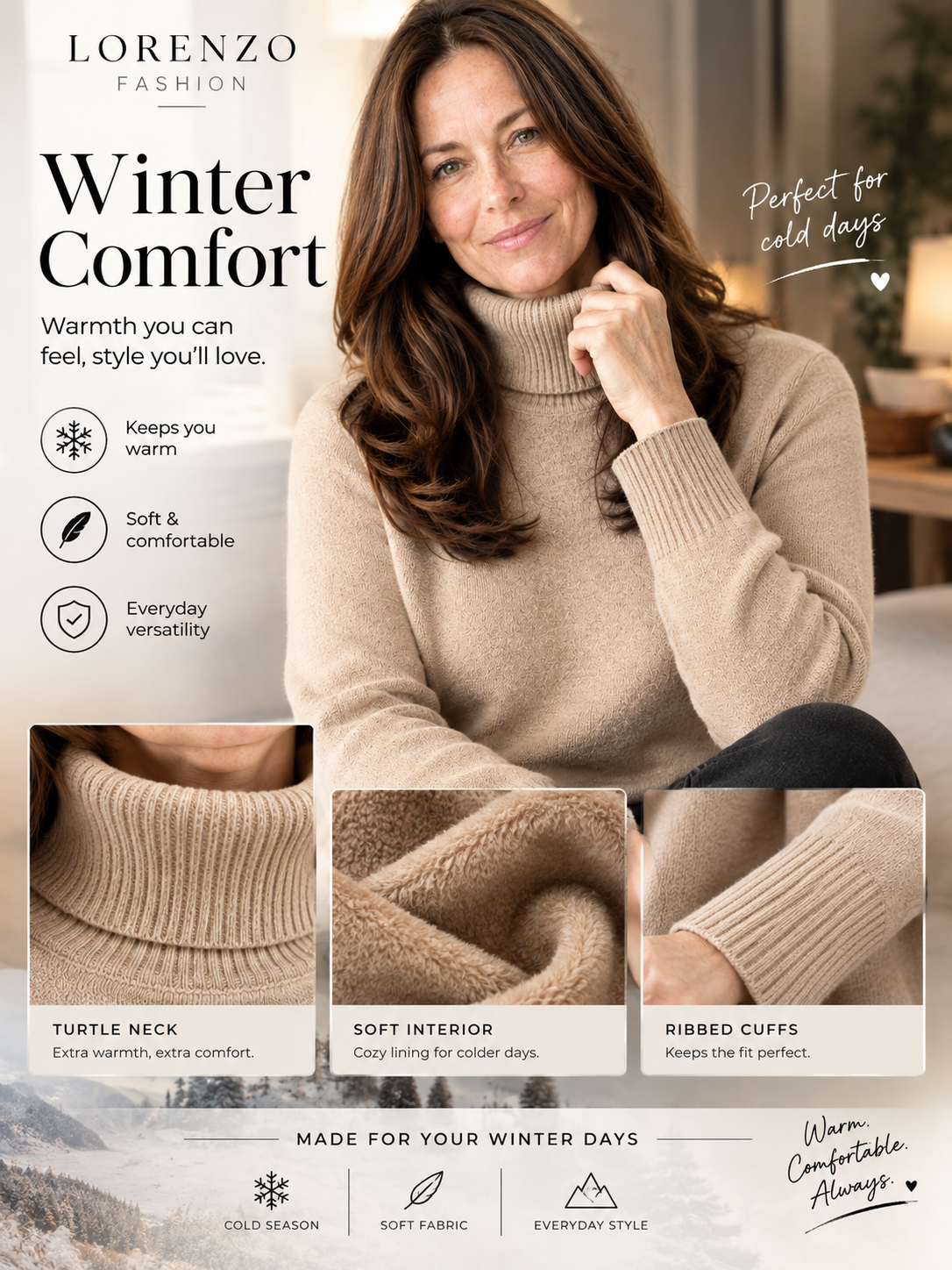 Belvane — Fleece-Lined Turtleneck Jumper with Free Matching Lined Beanie and Gloves