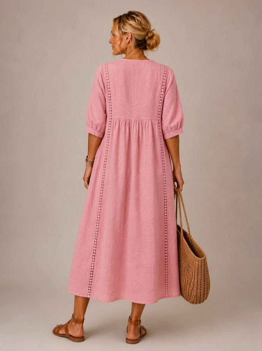 JACQUELINE | CASUAL, LOOSE-FITTING MIDI DRESS WITH A PLAIN V-NECK