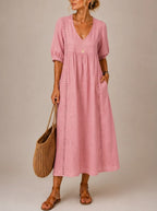 JACQUELINE | CASUAL, LOOSE-FITTING MIDI DRESS WITH A PLAIN V-NECK
