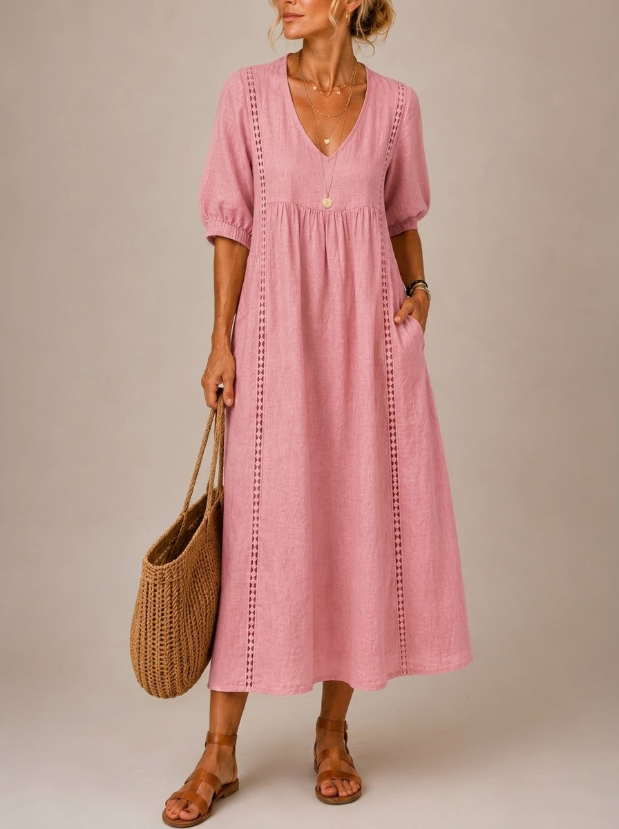JACQUELINE | CASUAL, LOOSE-FITTING MIDI DRESS WITH A PLAIN V-NECK