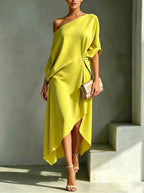 ELIZABETH | SOFT AND ELEGANT DRESS WITH ASYMMETRIC RUCHING AND BARE SHOULDERS
