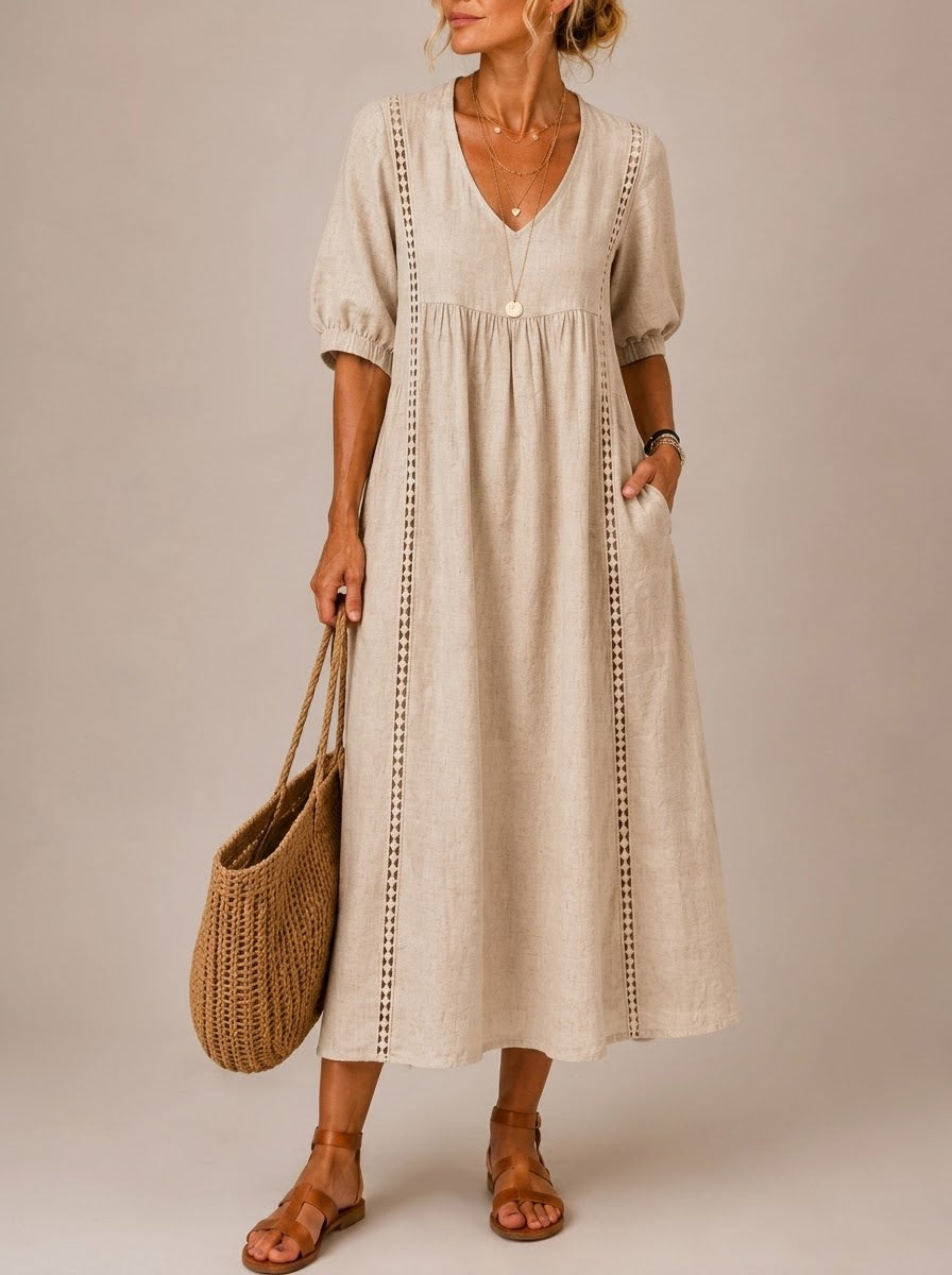 JACQUELINE | CASUAL, LOOSE-FITTING MIDI DRESS WITH A PLAIN V-NECK