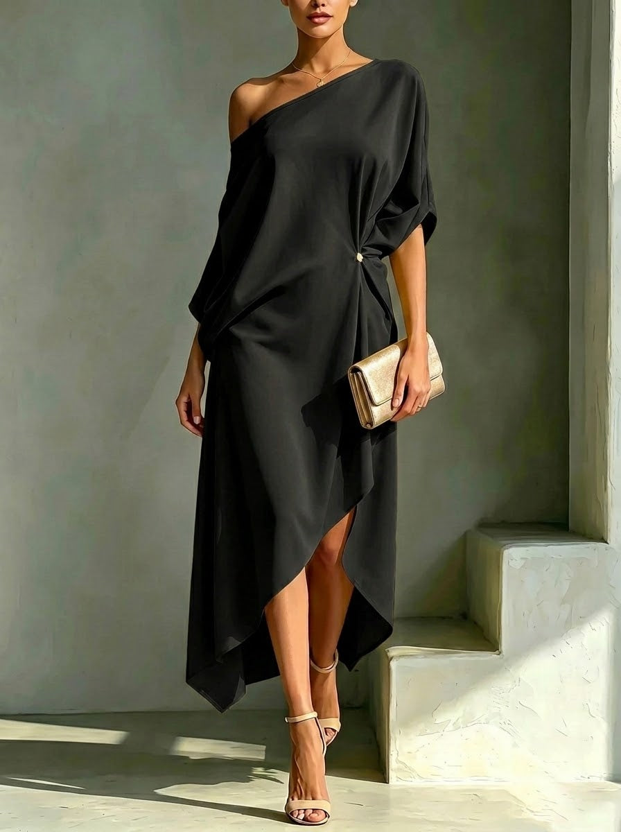 ELIZABETH | SOFT AND ELEGANT DRESS WITH ASYMMETRIC RUCHING AND BARE SHOULDERS