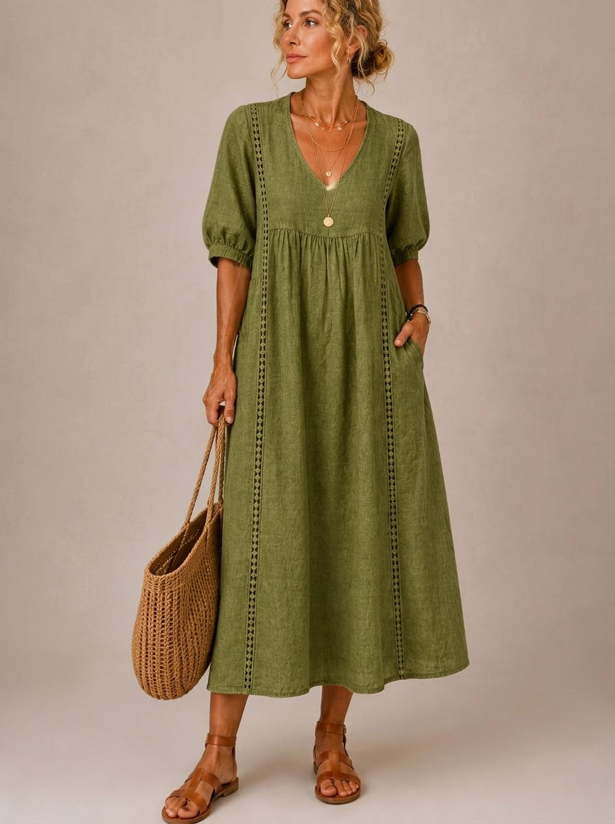 JACQUELINE | CASUAL, LOOSE-FITTING MIDI DRESS WITH A PLAIN V-NECK