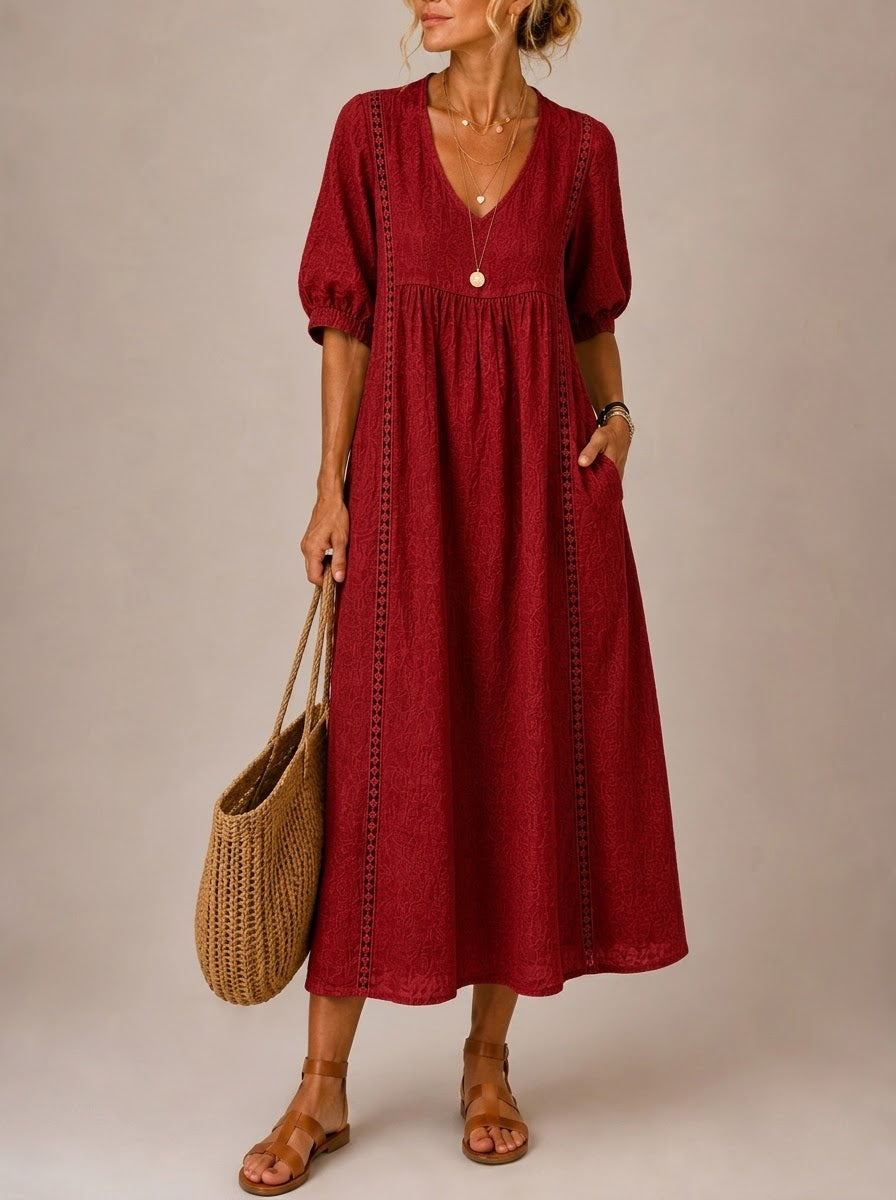 JACQUELINE | CASUAL, LOOSE-FITTING MIDI DRESS WITH A PLAIN V-NECK