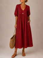 JACQUELINE | CASUAL, LOOSE-FITTING MIDI DRESS WITH A PLAIN V-NECK
