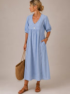 JACQUELINE | CASUAL, LOOSE-FITTING MIDI DRESS WITH A PLAIN V-NECK