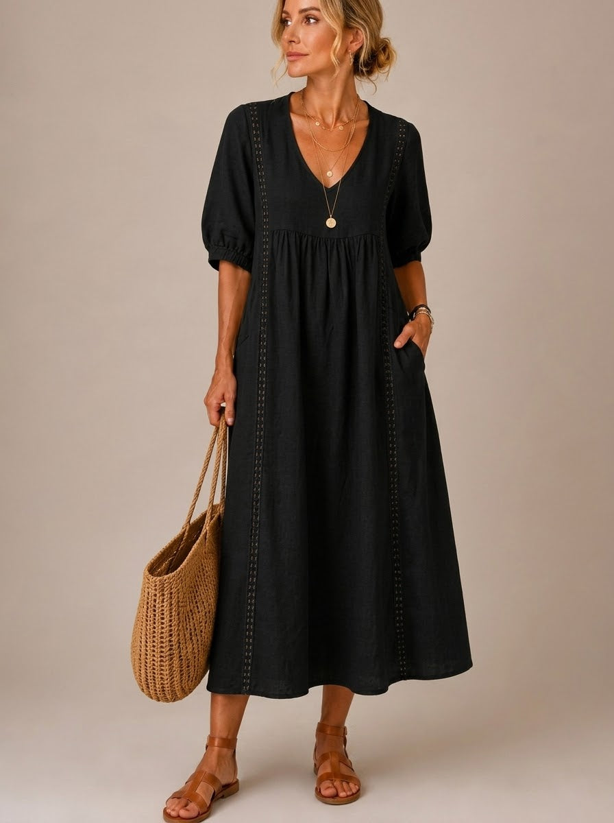 JACQUELINE | CASUAL, LOOSE-FITTING MIDI DRESS WITH A PLAIN V-NECK