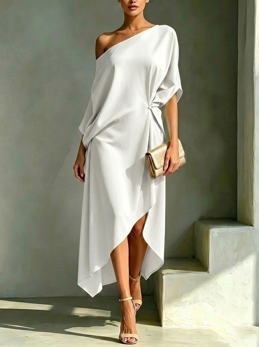 ELIZABETH | SOFT AND ELEGANT DRESS WITH ASYMMETRIC RUCHING AND BARE SHOULDERS
