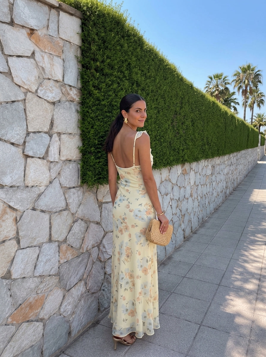 Sleeveless fitted dress with floral print, low neckline, open back and straps.