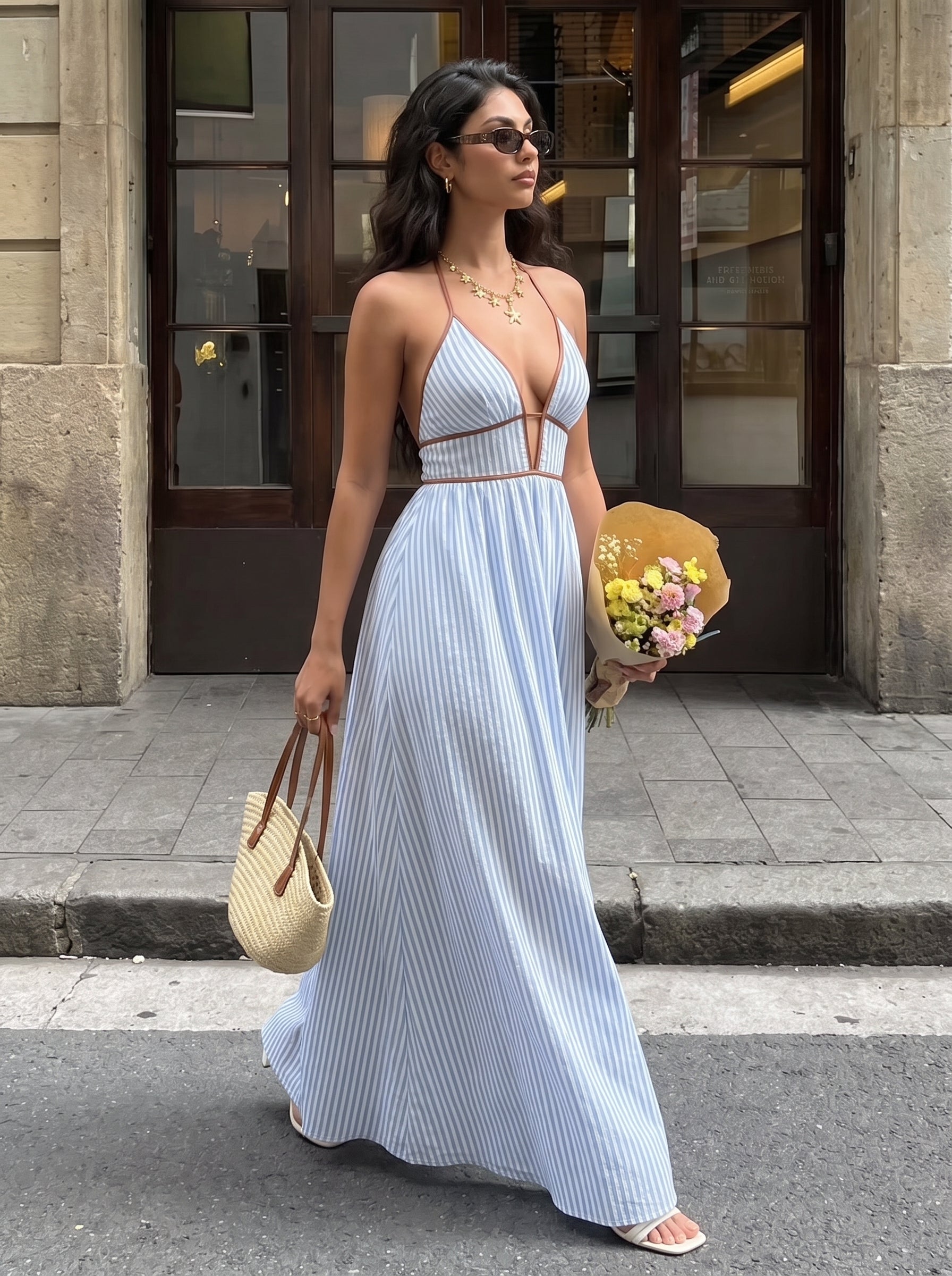 Sleeveless maxi dress with V-neck and halter neck, contrasting striped print